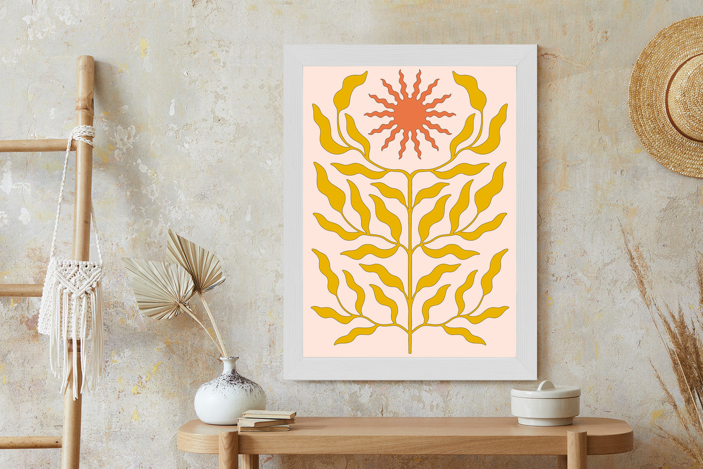 Poster Minimalistische Pflanze Im Boho-Stil Rahmen Holz Mit Passepartout Farbe Natürlich