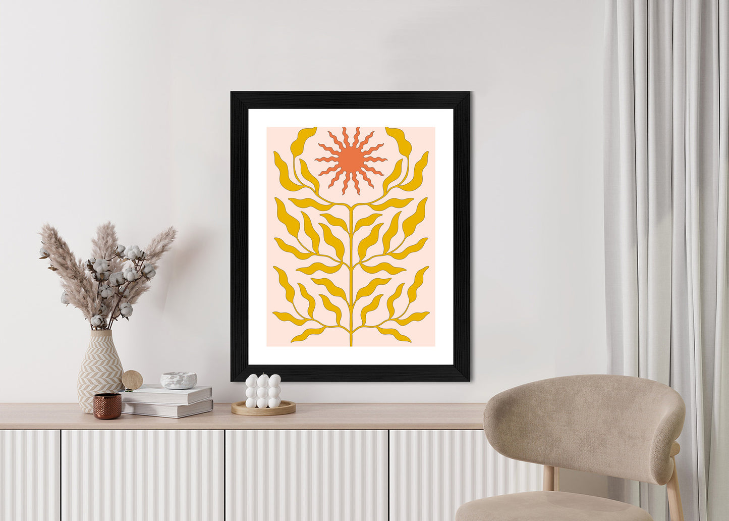 Poster Minimalistische Pflanze Im Boho-Stil Rahmen Holz Mit Passepartout Farbe Natürlich