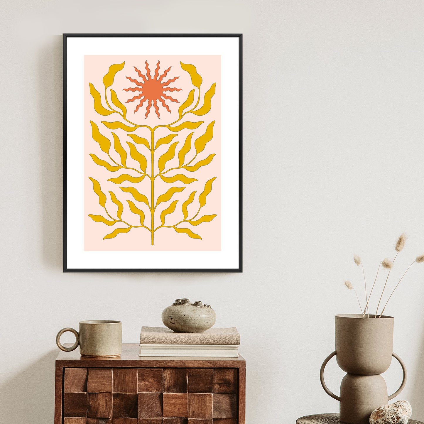 Poster Minimalistische Pflanze Im Boho-Stil Rahmen Holz Mit Passepartout Farbe Natürlich
