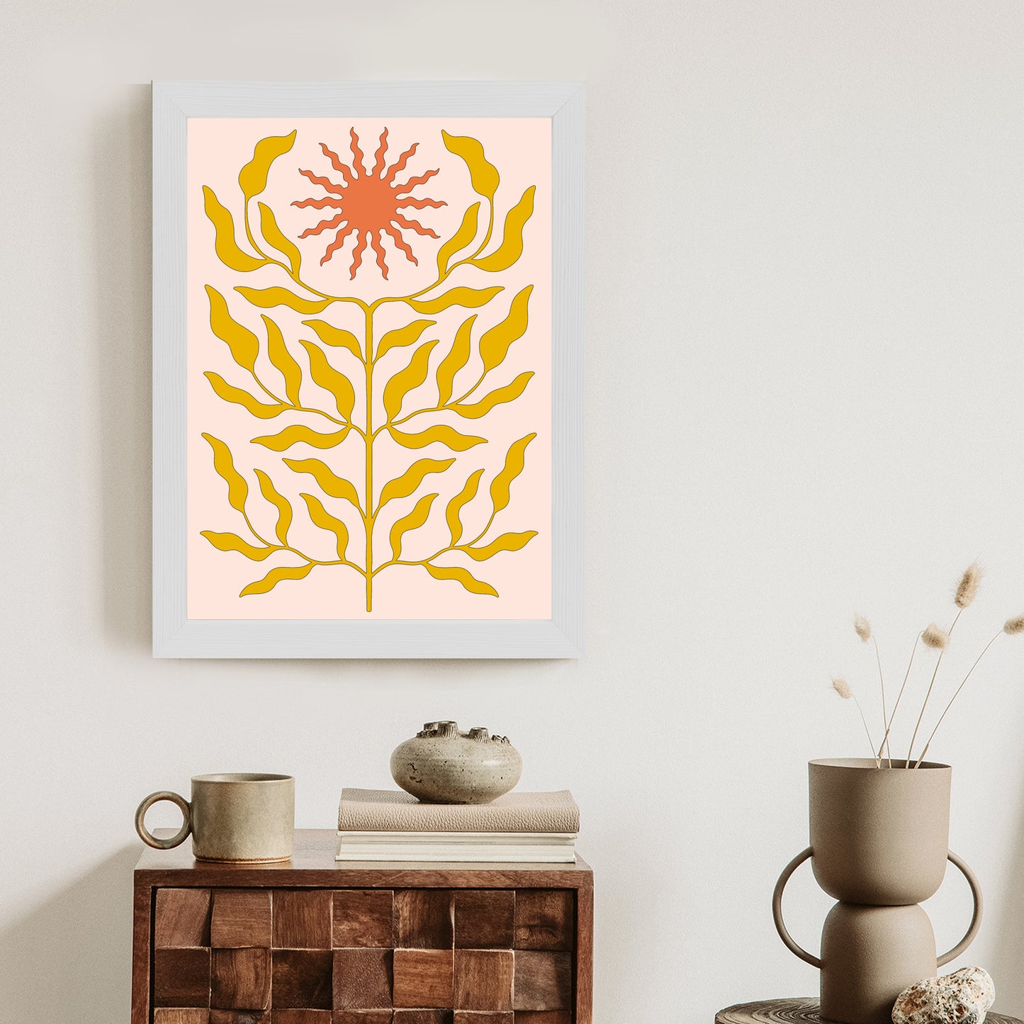 Poster Minimalistische Pflanze Im Boho-Stil Rahmen Holz Mit Passepartout Farbe Natürlich