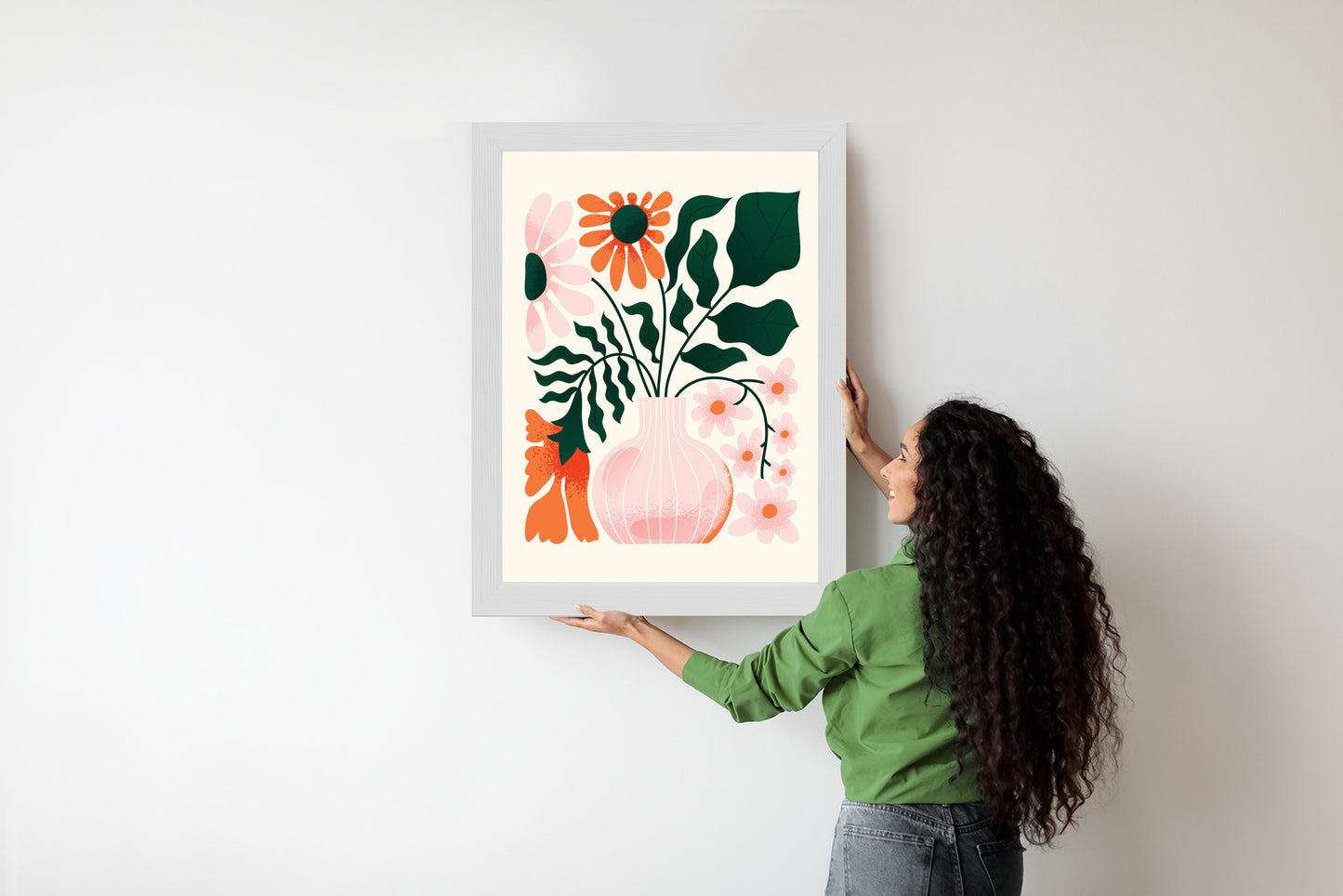 Poster Ein Blumenstrauß In Einer Rosa Vase Rahmen Holz Mit Passepartout Farbe Natürlich