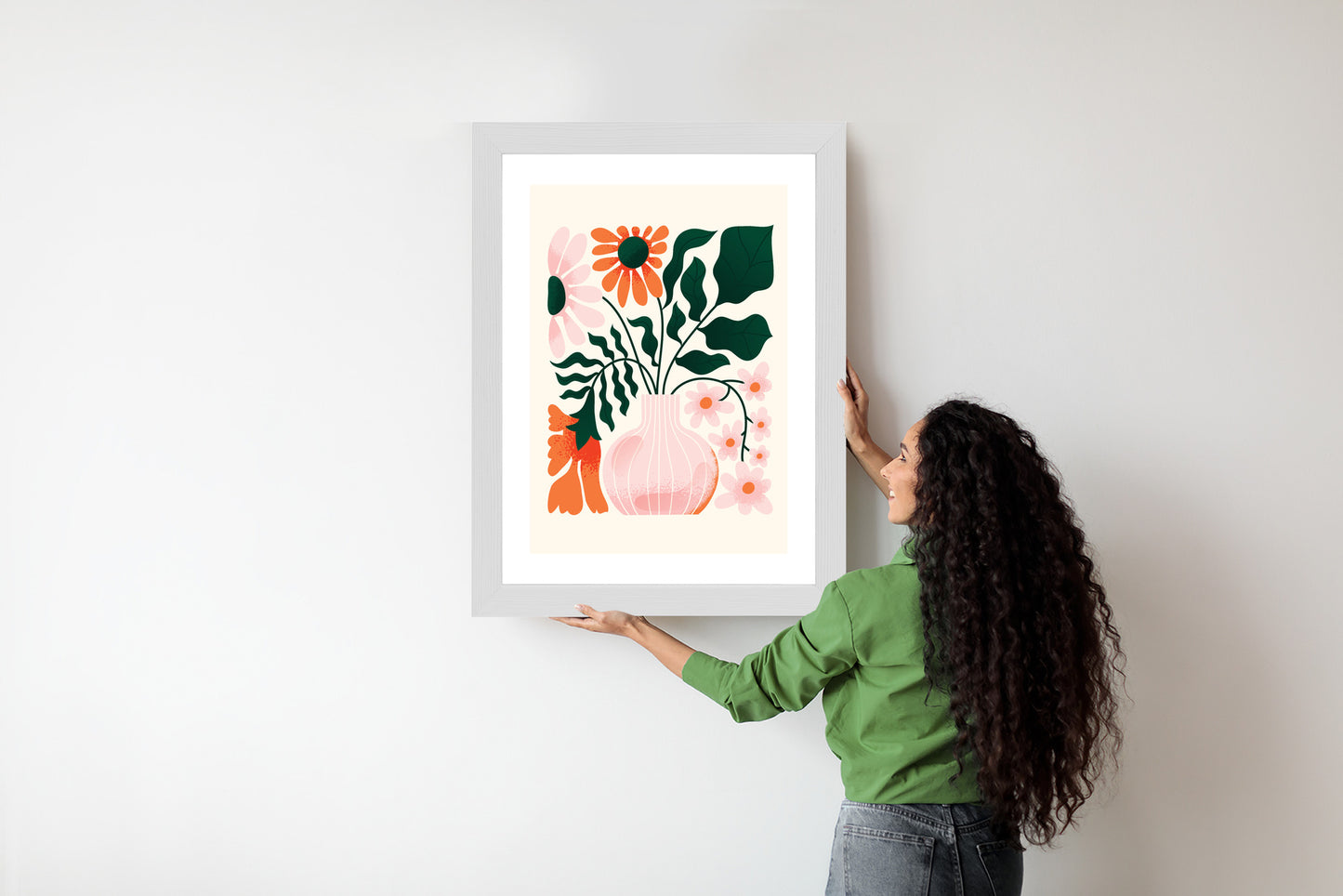 Poster Ein Blumenstrauß In Einer Rosa Vase Rahmen Holz Mit Passepartout Farbe Natürlich