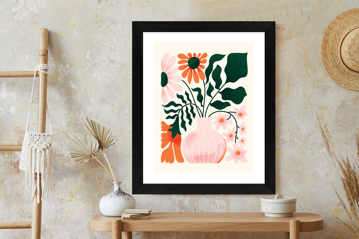 Poster Ein Blumenstrauß In Einer Rosa Vase Rahmen Holz Mit Passepartout Farbe Natürlich