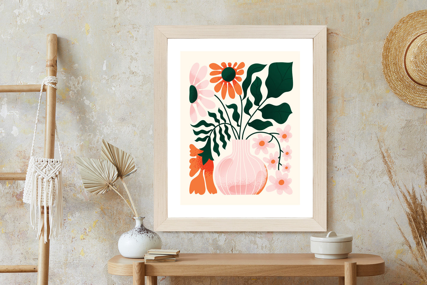 Poster Ein Blumenstrauß In Einer Rosa Vase Rahmen Holz Mit Passepartout Farbe Natürlich