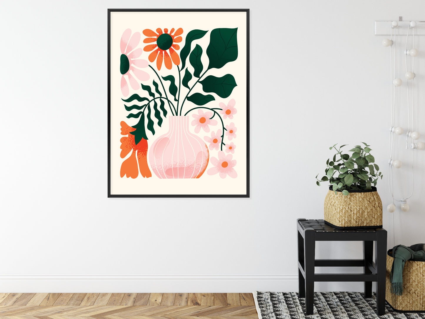 Poster Ein Blumenstrauß In Einer Rosa Vase Rahmen Holz Mit Passepartout Farbe Natürlich