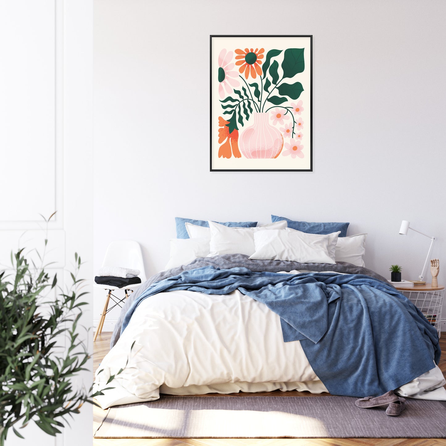 Poster Ein Blumenstrauß In Einer Rosa Vase Rahmen Holz Mit Passepartout Farbe Natürlich