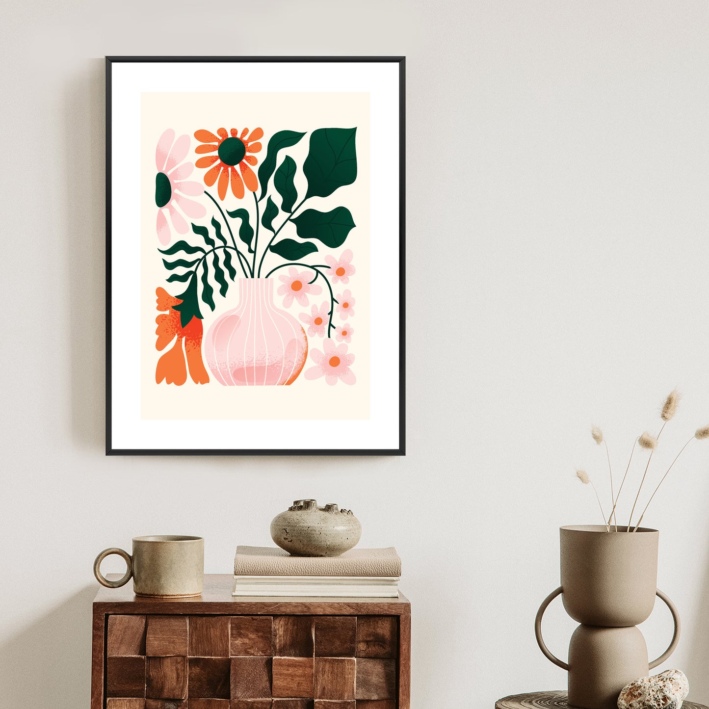 Poster Ein Blumenstrauß In Einer Rosa Vase Rahmen Holz Mit Passepartout Farbe Natürlich