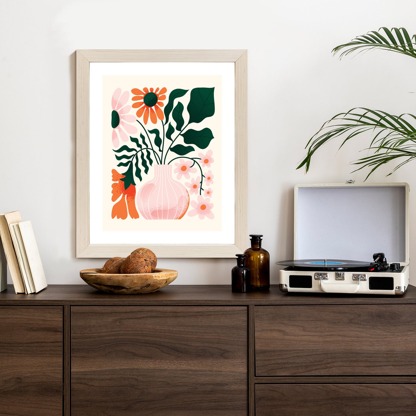 Poster Ein Blumenstrauß In Einer Rosa Vase Rahmen Holz Mit Passepartout Farbe Natürlich