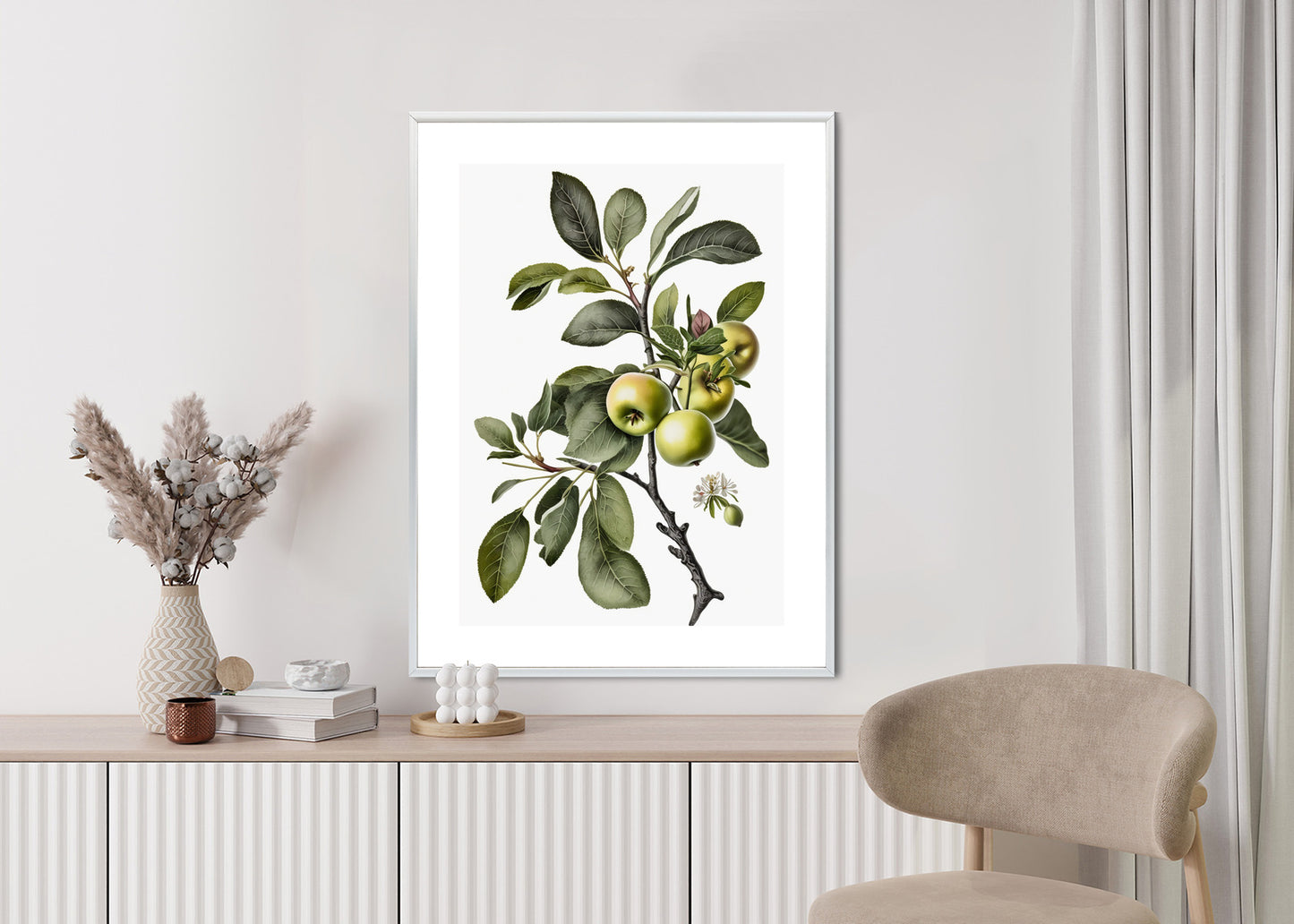 Poster Grüner Zweig Mit Äpfeln Rahmen Holz Mit Passepartout Farbe Natürlich