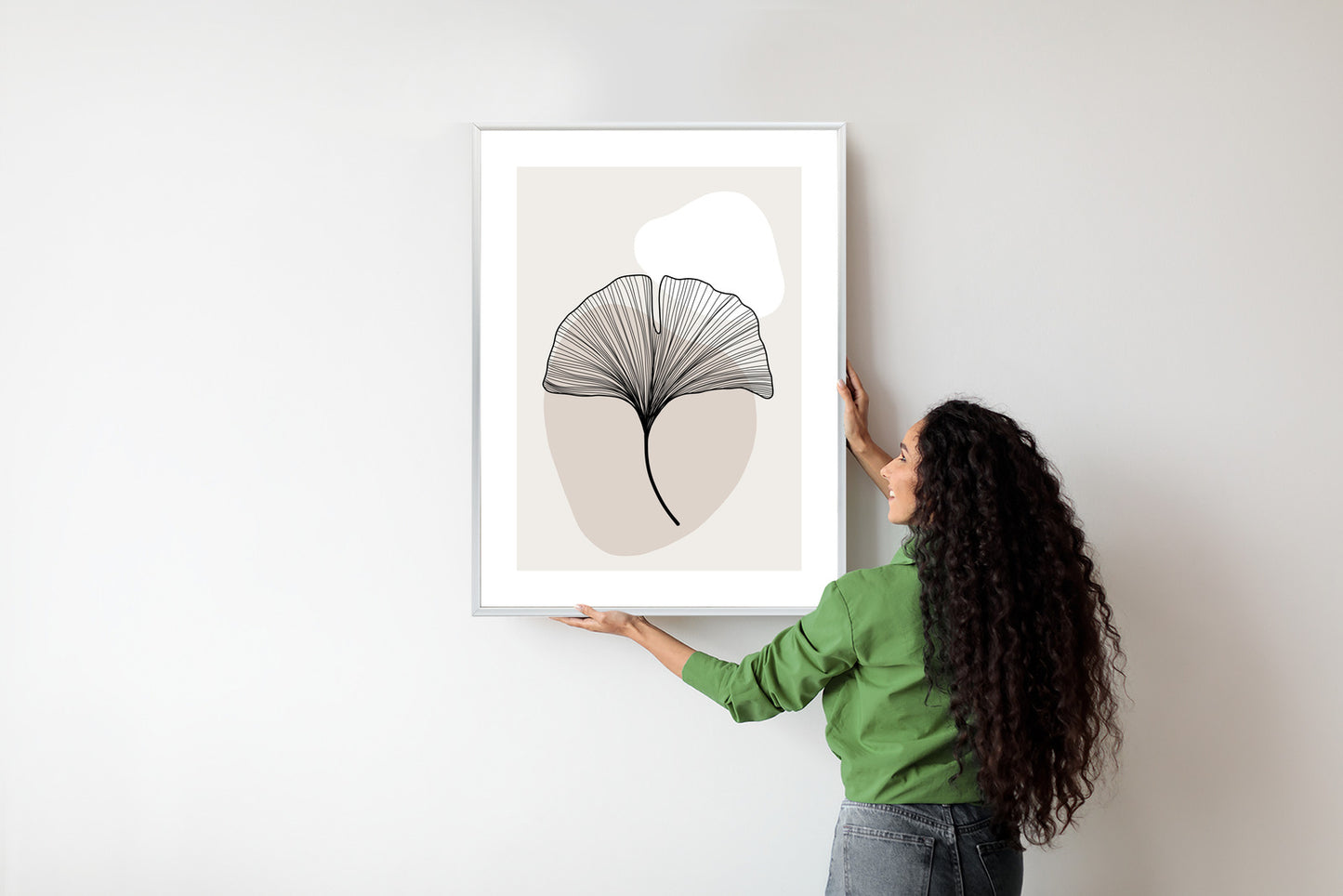 Poster Minimalistisches Ginkgoblatt Rahmen Holz Mit Passepartout Farbe Natürlich