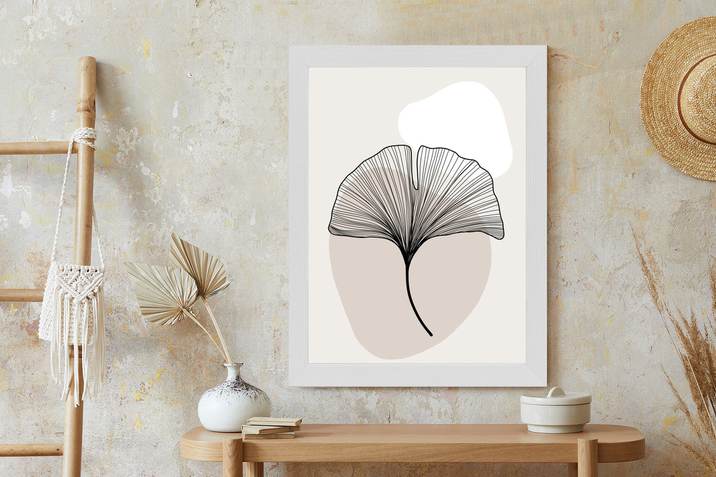 Poster Minimalistisches Ginkgoblatt Rahmen Holz Mit Passepartout Farbe Natürlich