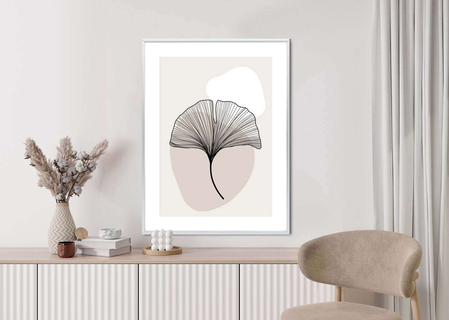 Poster Minimalistisches Ginkgoblatt Rahmen Holz Mit Passepartout Farbe Natürlich