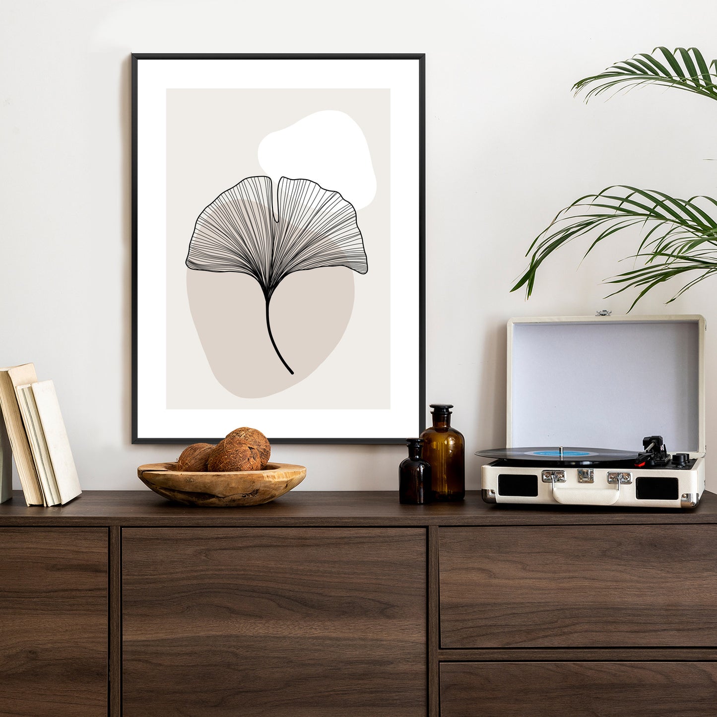Poster Minimalistisches Ginkgoblatt Rahmen Holz Mit Passepartout Farbe Natürlich