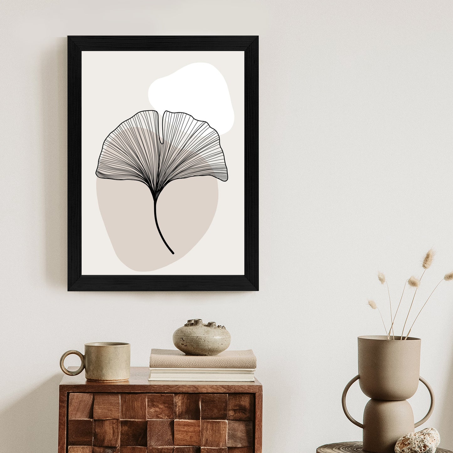 Poster Minimalistisches Ginkgoblatt Rahmen Holz Mit Passepartout Farbe Natürlich