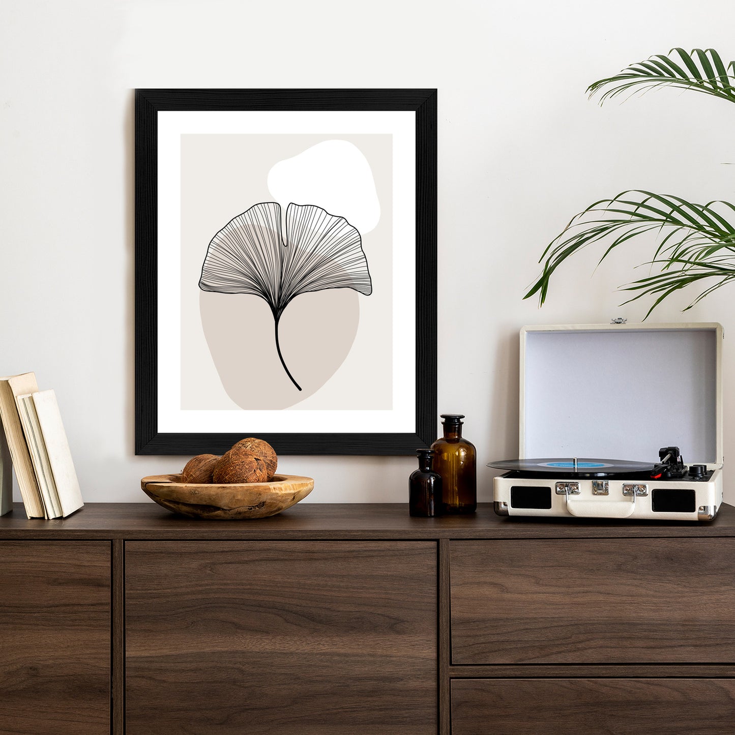 Poster Minimalistisches Ginkgoblatt Rahmen Holz Mit Passepartout Farbe Natürlich