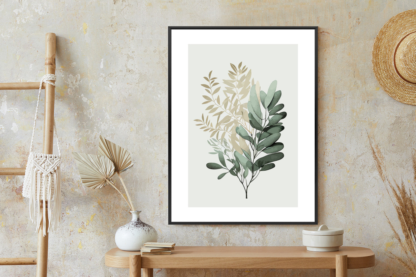 Poster Grüner Und Goldener Aquarellzweig Rahmen Holz Mit Passepartout Farbe Natürlich