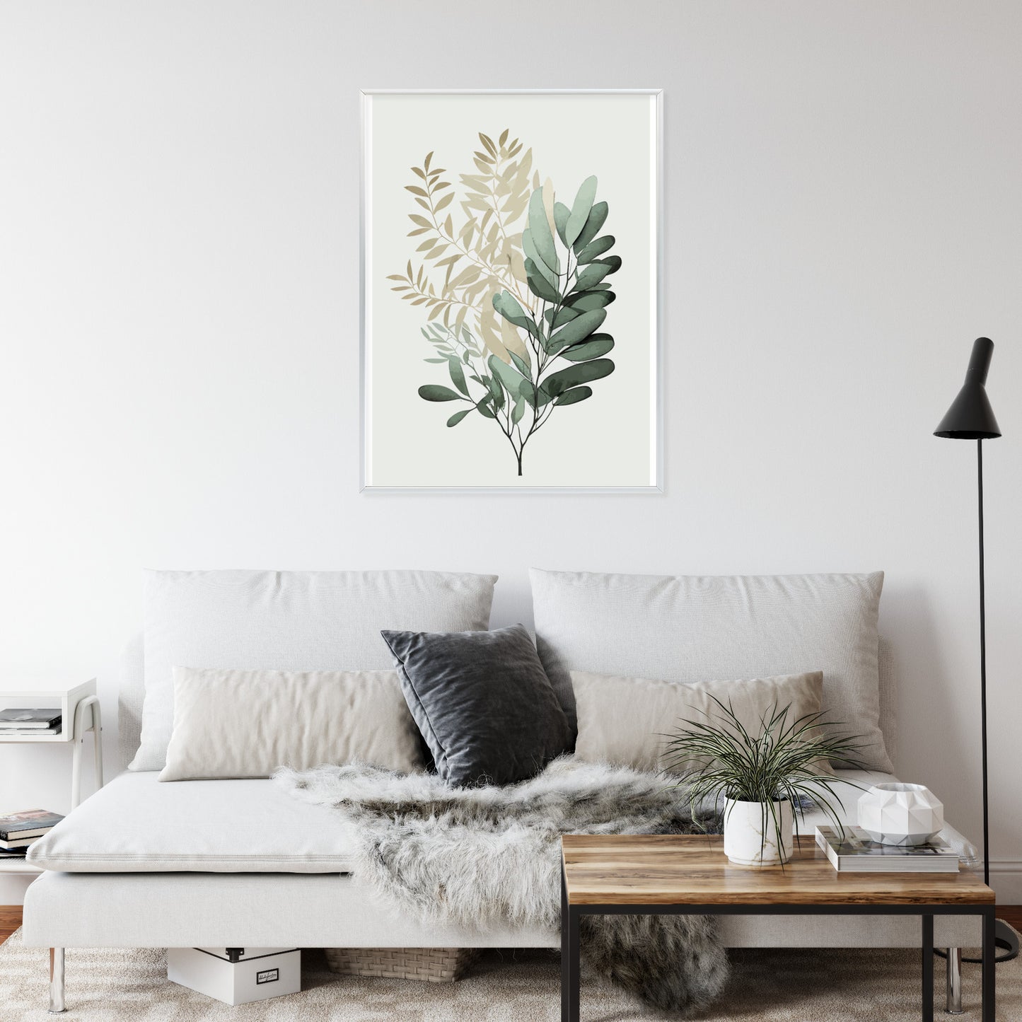 Poster Grüner Und Goldener Aquarellzweig Rahmen Holz Mit Passepartout Farbe Natürlich