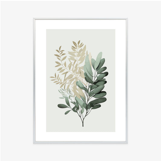 Poster Grüner Und Goldener Aquarellzweig Rahmen Holz Mit Passepartout Farbe Natürlich