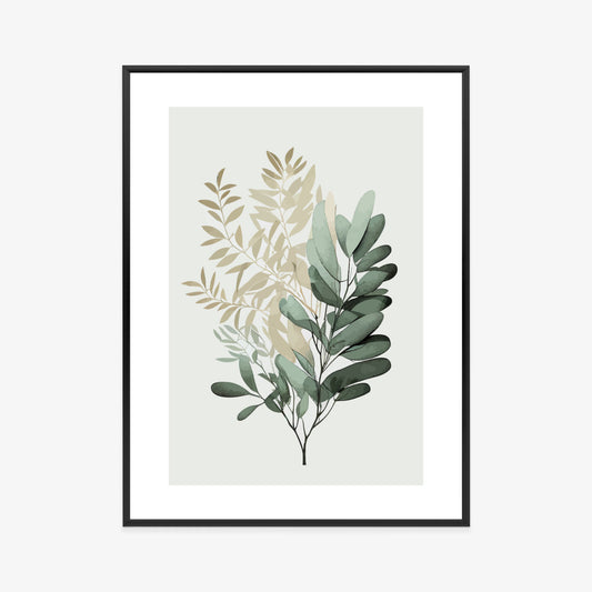 Poster Grüner Und Goldener Aquarellzweig Rahmen Holz Mit Passepartout Farbe Natürlich