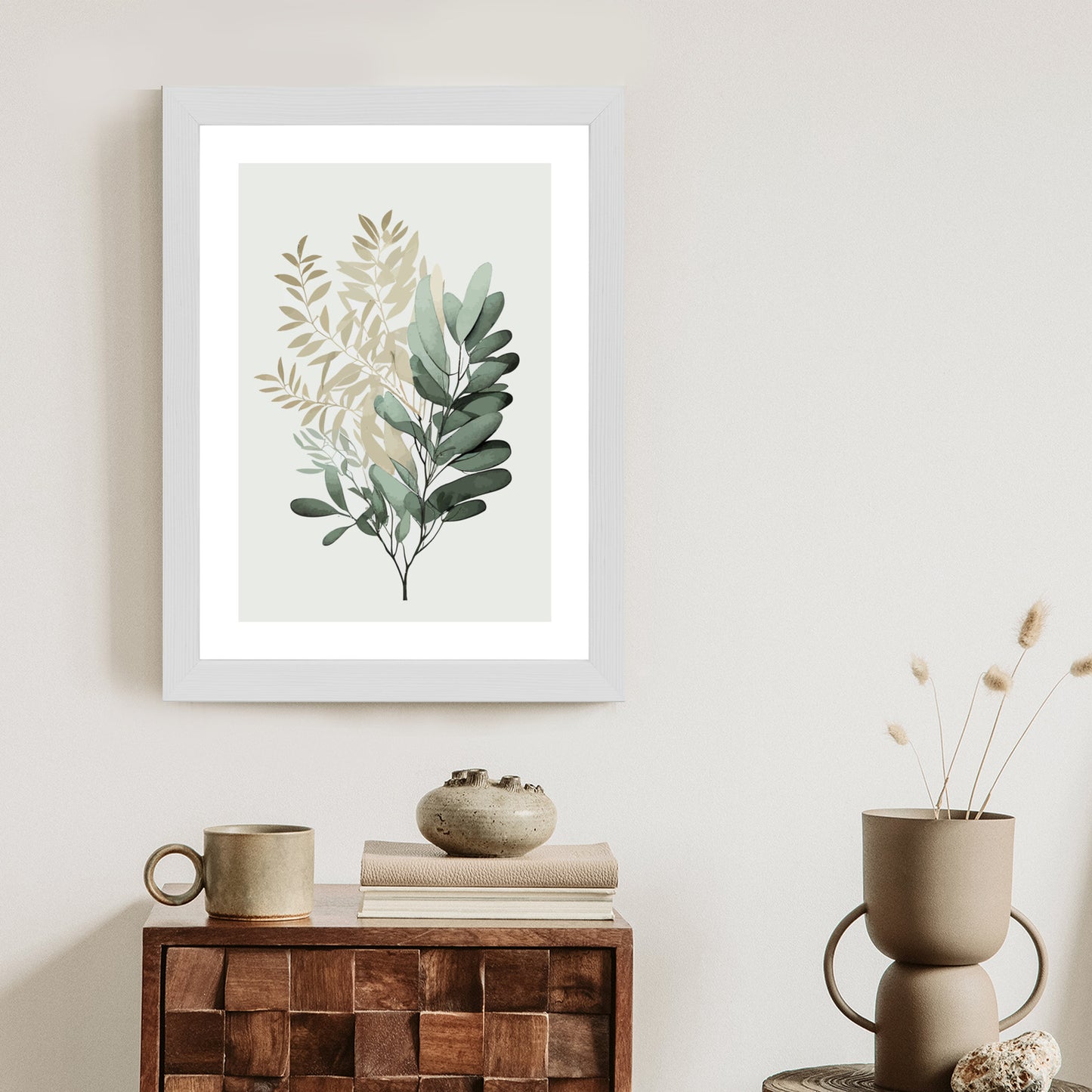Poster Grüner Und Goldener Aquarellzweig Rahmen Holz Mit Passepartout Farbe Natürlich