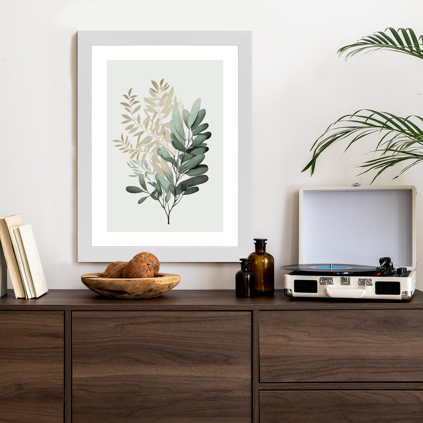 Poster Grüner Und Goldener Aquarellzweig Rahmen Holz Mit Passepartout Farbe Natürlich