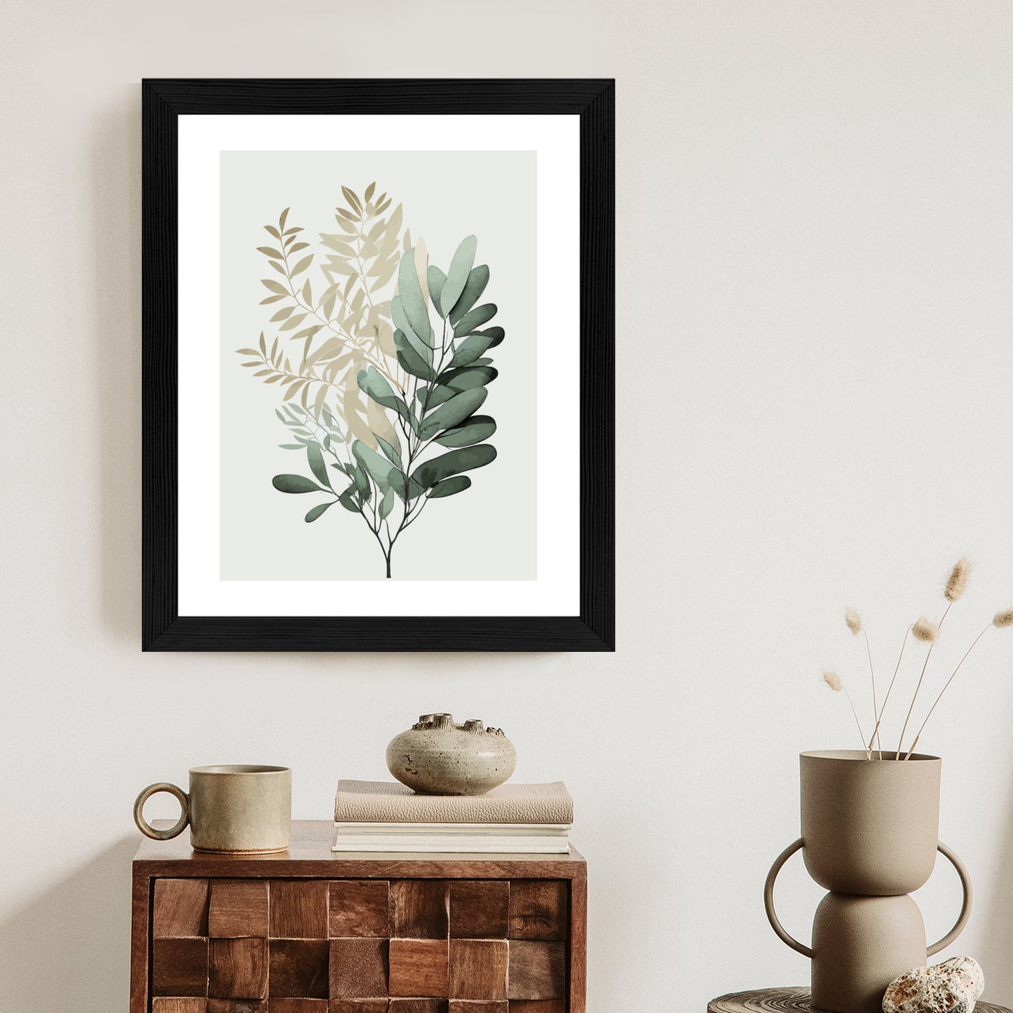 Poster Grüner Und Goldener Aquarellzweig Rahmen Holz Mit Passepartout Farbe Natürlich