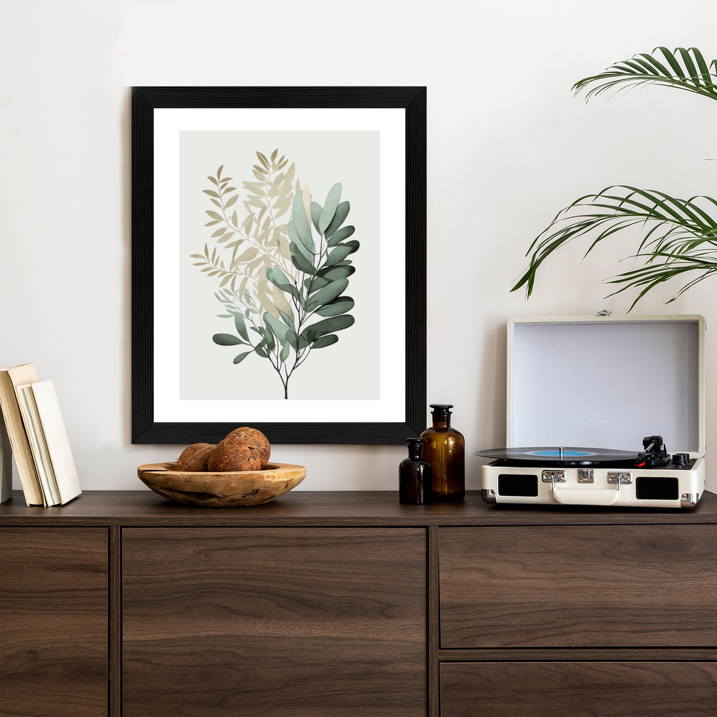 Poster Grüner Und Goldener Aquarellzweig Rahmen Holz Mit Passepartout Farbe Natürlich