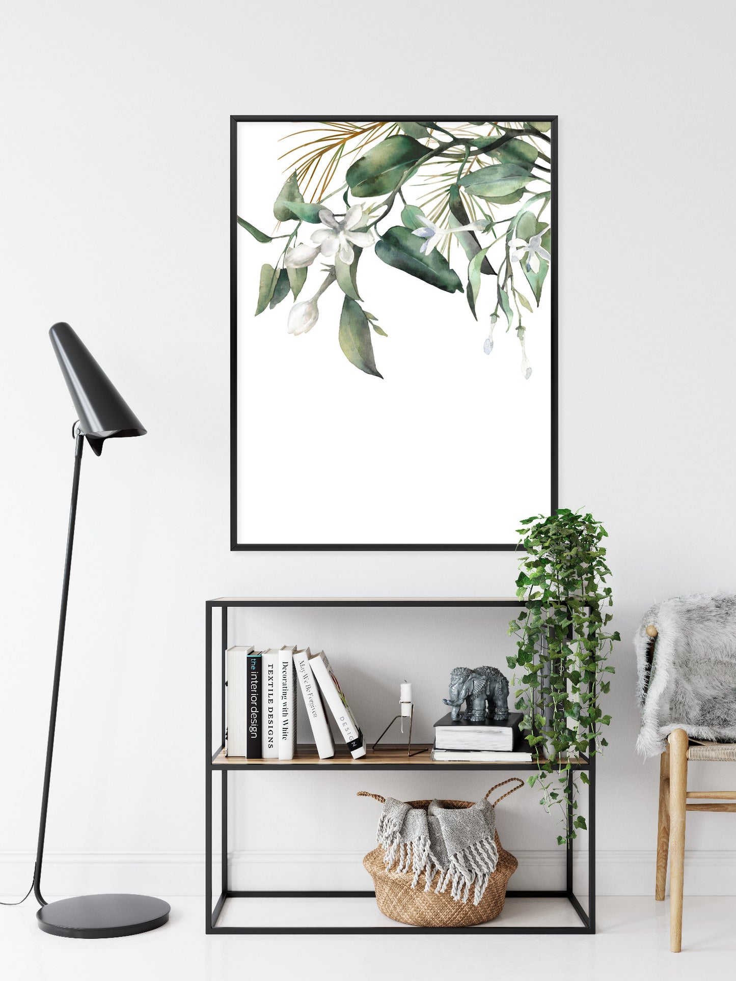 Poster Weiße Blumen Auf Grünen Aquarellzweigen Rahmen Holz Mit Passepartout Farbe Natürlich