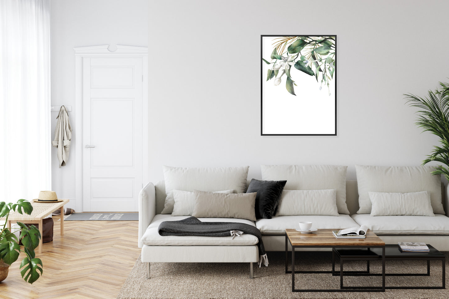 Poster Weiße Blumen Auf Grünen Aquarellzweigen Rahmen Holz Mit Passepartout Farbe Natürlich