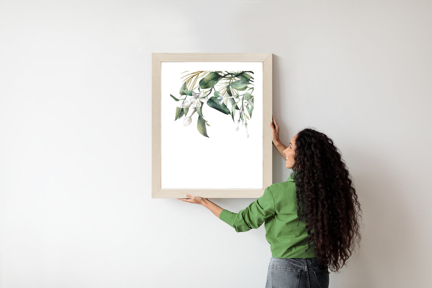 Poster Weiße Blumen Auf Grünen Aquarellzweigen Rahmen Holz Mit Passepartout Farbe Natürlich