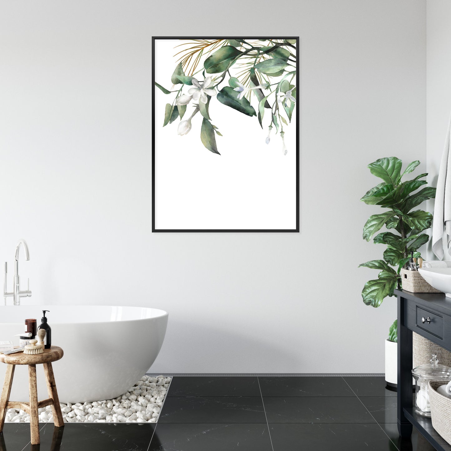 Poster Weiße Blumen Auf Grünen Aquarellzweigen Rahmen Holz Mit Passepartout Farbe Natürlich