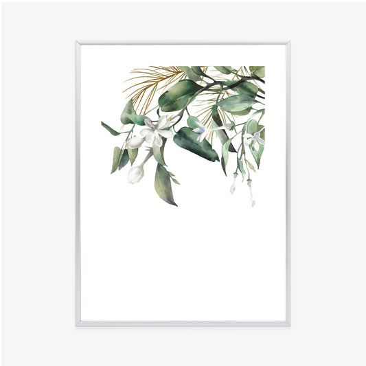 Poster Weiße Blumen Auf Grünen Aquarellzweigen Rahmen Holz Mit Passepartout Farbe Natürlich