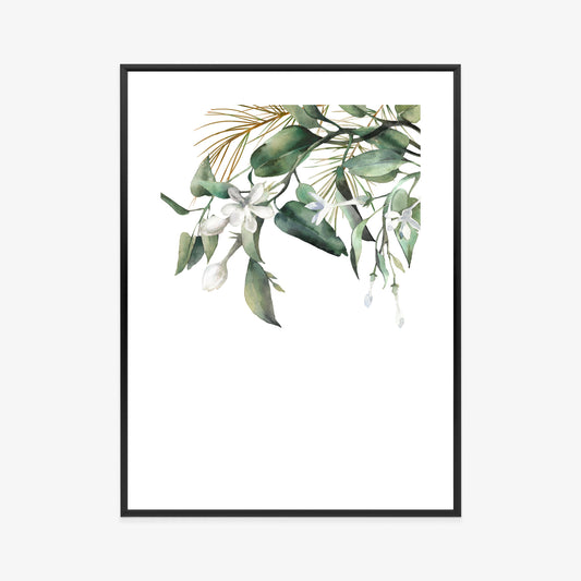 Poster Weiße Blumen Auf Grünen Aquarellzweigen Rahmen Holz Mit Passepartout Farbe Natürlich