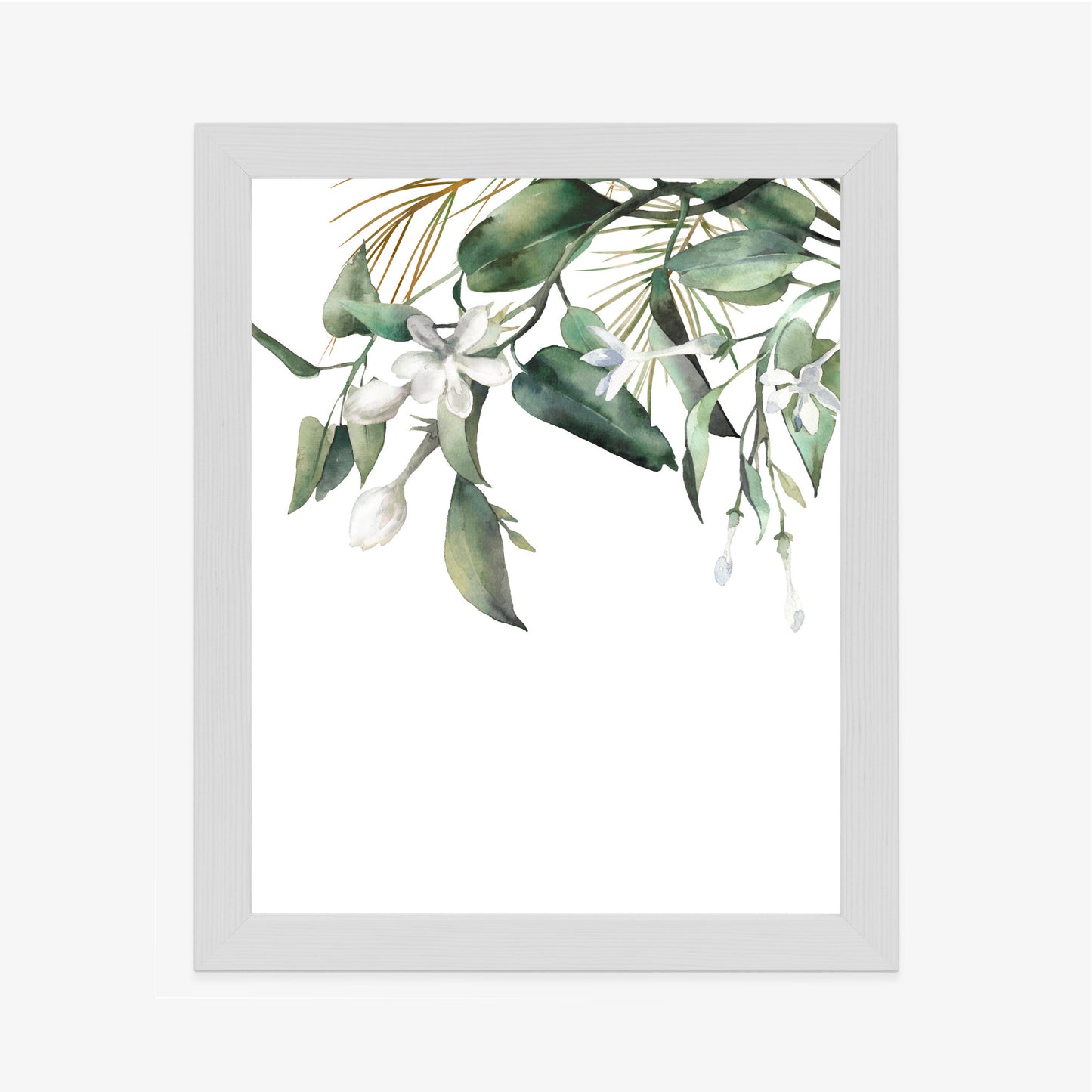 Poster Weiße Blumen Auf Grünen Aquarellzweigen Rahmen Holz Mit Passepartout Farbe Natürlich