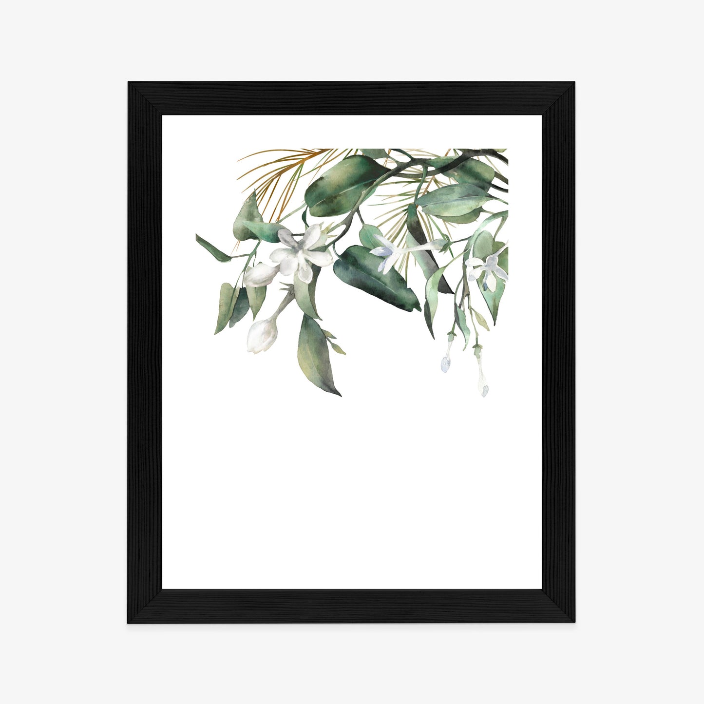 Poster Weiße Blumen Auf Grünen Aquarellzweigen Rahmen Holz Mit Passepartout Farbe Natürlich