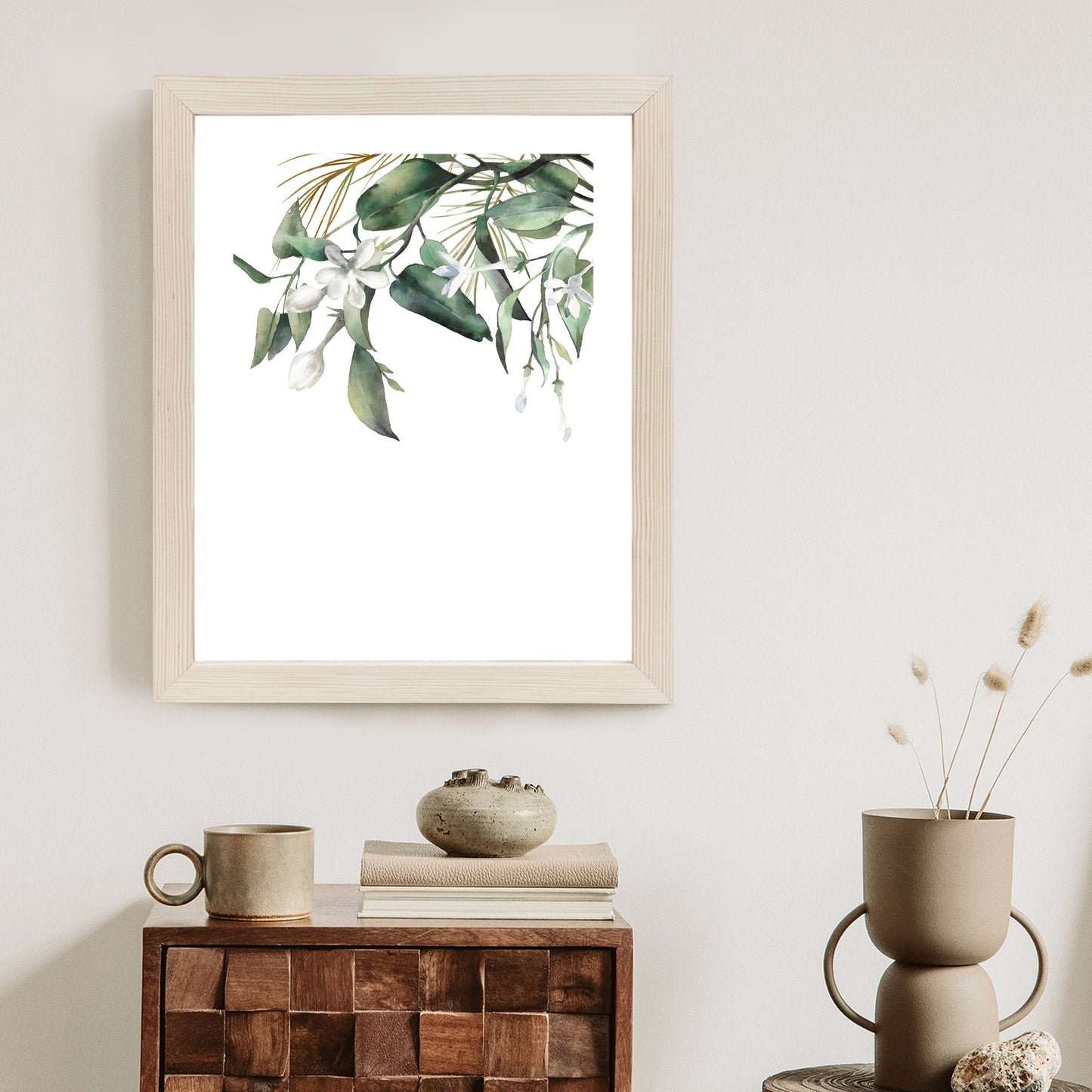 Poster Weiße Blumen Auf Grünen Aquarellzweigen Rahmen Holz Mit Passepartout Farbe Natürlich