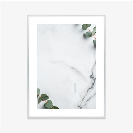 Poster Grünes Eukalyptusblatt Auf Marmor Rahmen Holz Mit Passepartout Farbe Natürlich