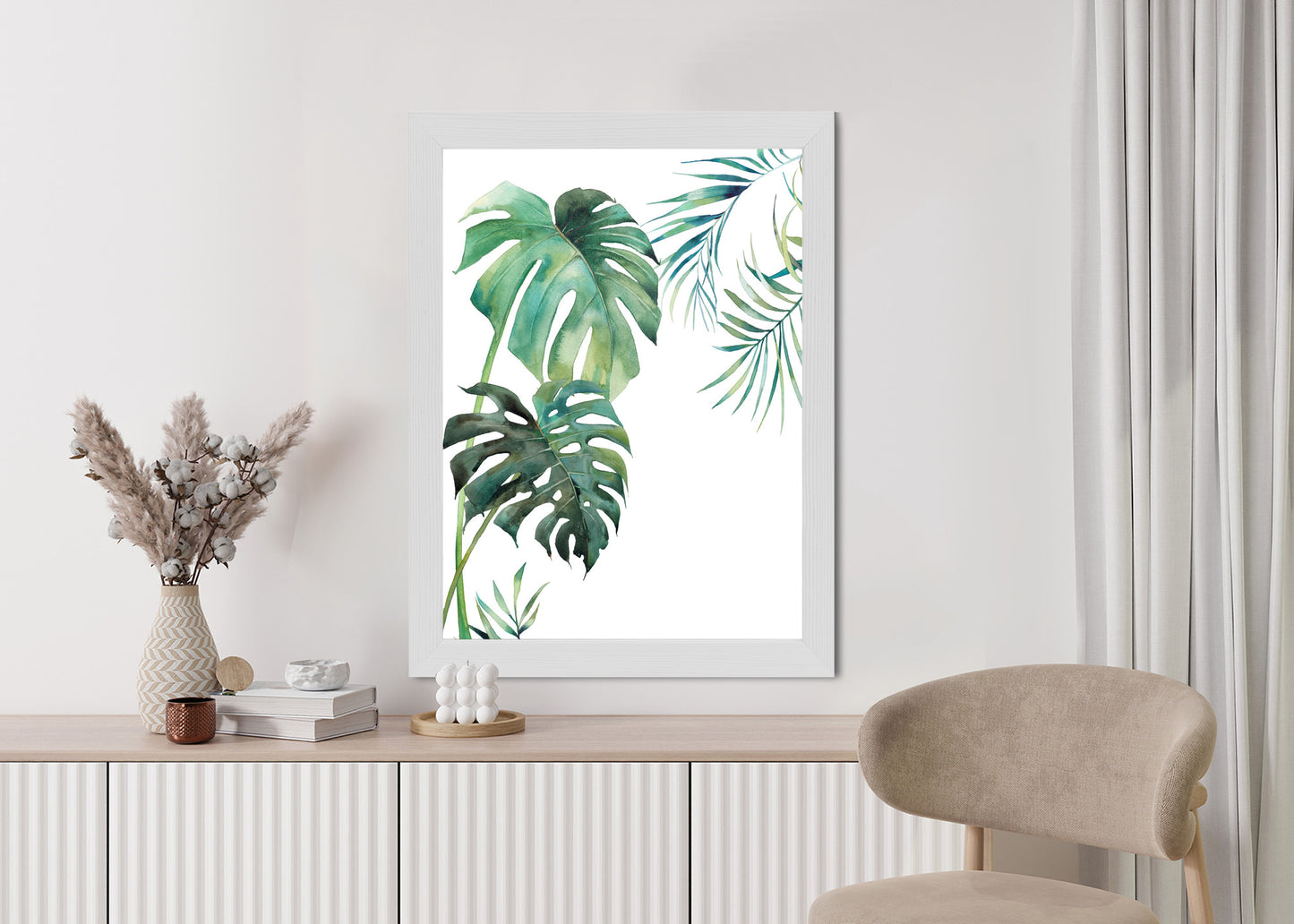 Poster Tropisches Muster Mit Aquarellpalmen- Und Monsterablättern Rahmen Holz Mit Passepartout Farbe Natürlich