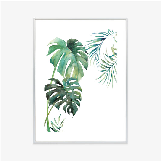 Poster Tropisches Muster Mit Aquarellpalmen- Und Monsterablättern Rahmen Holz Mit Passepartout Farbe Natürlich