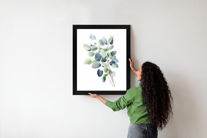Poster Zweig Mit Grünen Blättern - Aquarell Rahmen Holz Mit Passepartout Farbe Natürlich