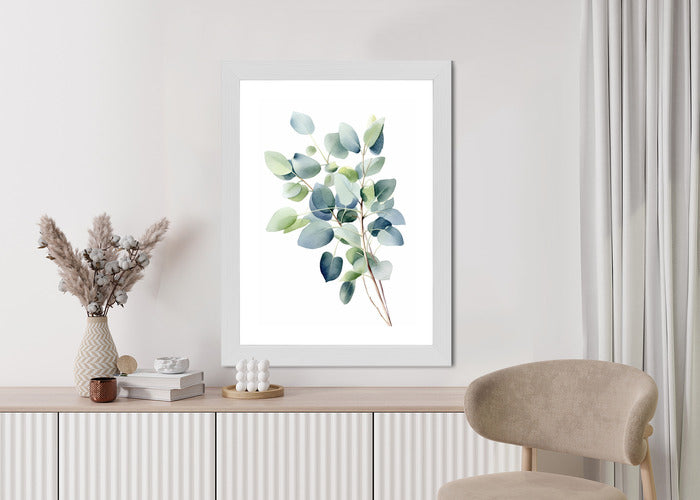 Poster Zweig Mit Grünen Blättern - Aquarell Rahmen Holz Mit Passepartout Farbe Natürlich