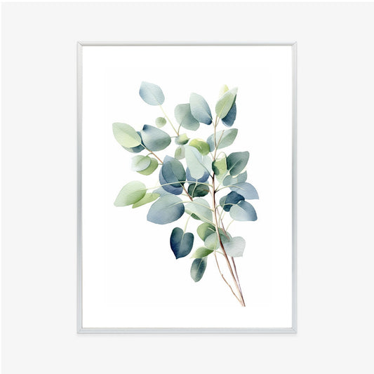 Poster Zweig Mit Grünen Blättern - Aquarell Rahmen Holz Mit Passepartout Farbe Natürlich