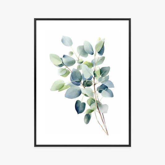 Poster Zweig Mit Grünen Blättern - Aquarell Rahmen Holz Mit Passepartout Farbe Natürlich