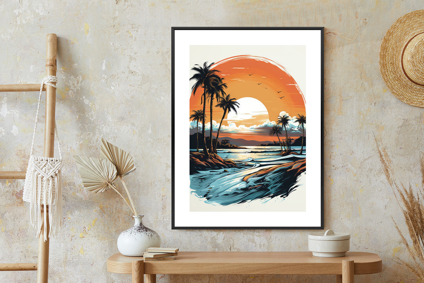 Poster Sonnenuntergang Mit Palmen Und Meer Rahmen Holz Mit Passepartout Farbe Natürlich