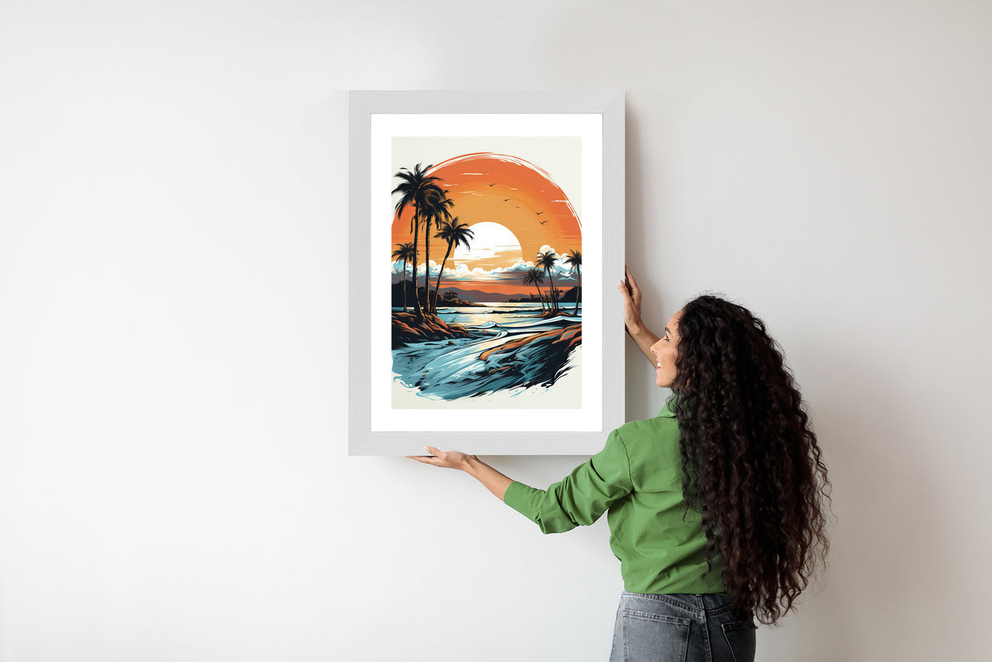 Poster Sonnenuntergang Mit Palmen Und Meer Rahmen Holz Mit Passepartout Farbe Natürlich