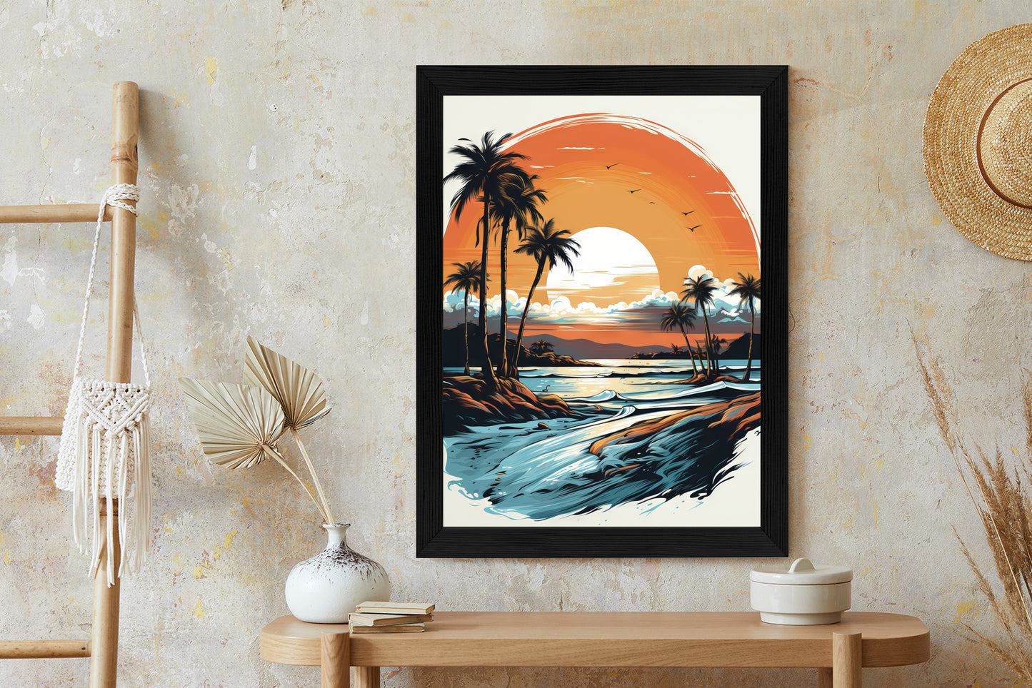 Poster Sonnenuntergang Mit Palmen Und Meer Rahmen Holz Mit Passepartout Farbe Natürlich