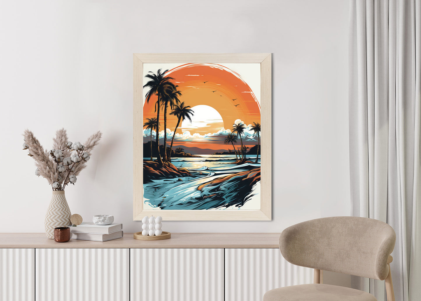 Poster Sonnenuntergang Mit Palmen Und Meer Rahmen Holz Mit Passepartout Farbe Natürlich