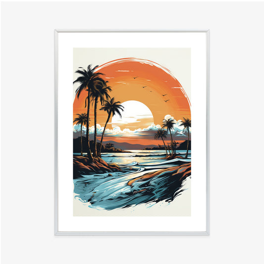 Poster Sonnenuntergang Mit Palmen Und Meer Rahmen Holz Mit Passepartout Farbe Natürlich