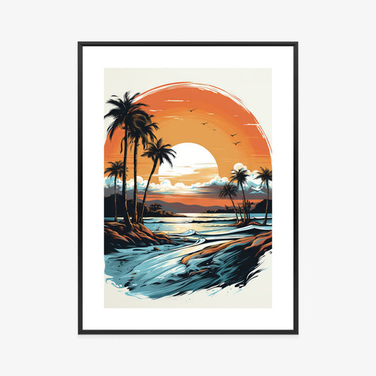 Poster Sonnenuntergang Mit Palmen Und Meer Rahmen Holz Mit Passepartout Farbe Natürlich