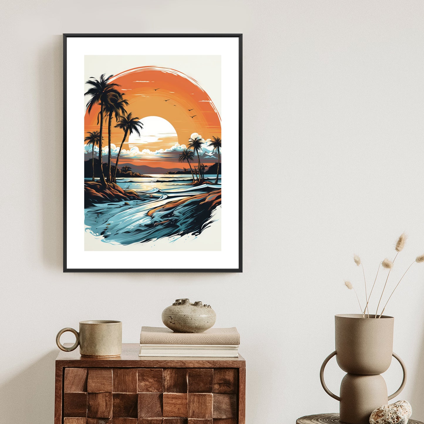 Poster Sonnenuntergang Mit Palmen Und Meer Rahmen Holz Mit Passepartout Farbe Natürlich